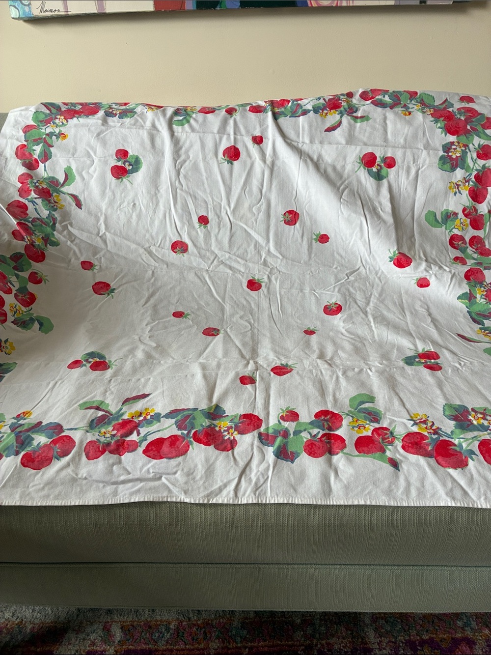 Vintage  mid-century cotton tablecloth with Strawberries